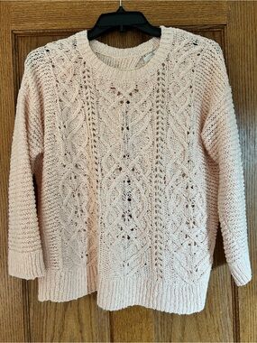 Lauren Conrad Blush Pink Open Back Cable Knit Sweater with Ribbon Ties. Small